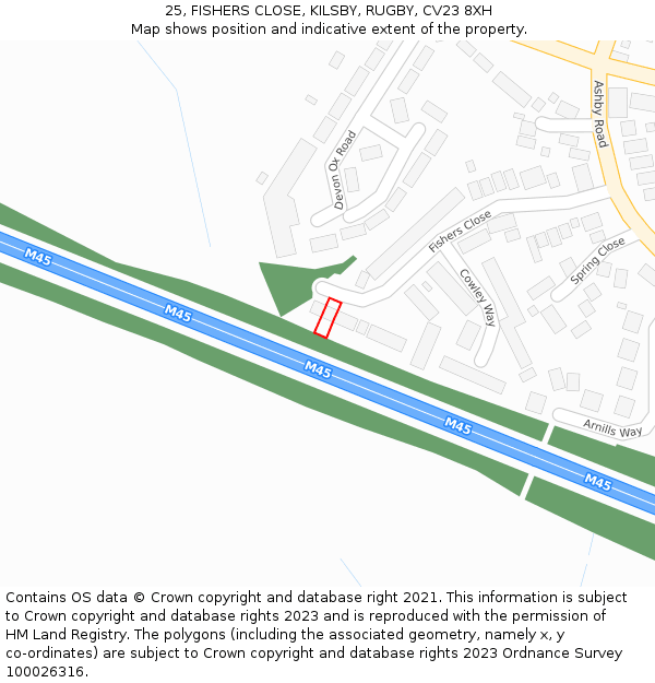 25, FISHERS CLOSE, KILSBY, RUGBY, CV23 8XH: Location map and indicative extent of plot