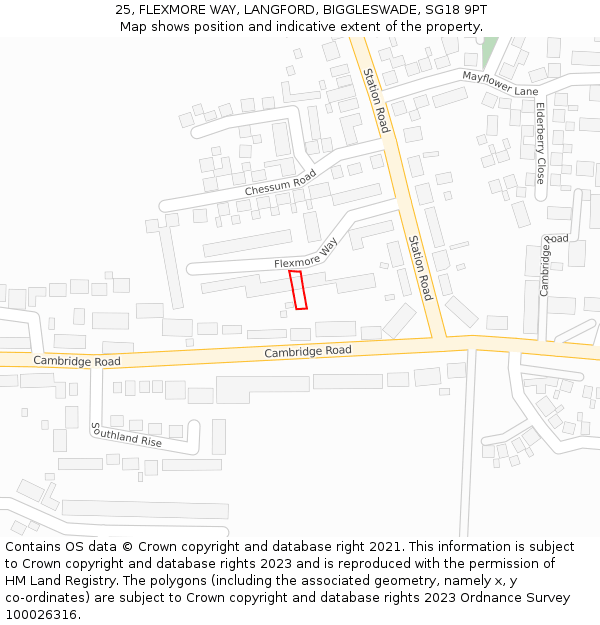 25, FLEXMORE WAY, LANGFORD, BIGGLESWADE, SG18 9PT: Location map and indicative extent of plot