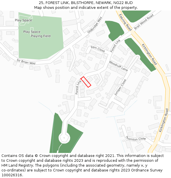 25, FOREST LINK, BILSTHORPE, NEWARK, NG22 8UD: Location map and indicative extent of plot