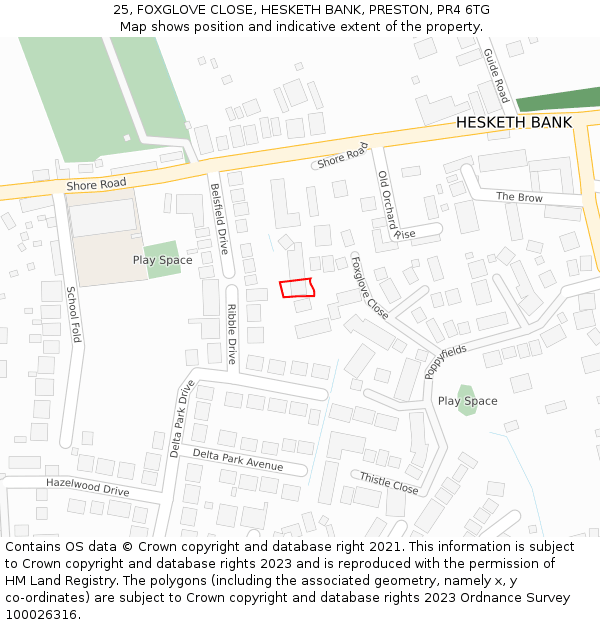 25, FOXGLOVE CLOSE, HESKETH BANK, PRESTON, PR4 6TG: Location map and indicative extent of plot