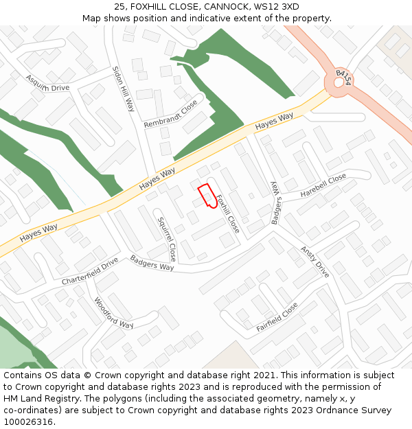 25, FOXHILL CLOSE, CANNOCK, WS12 3XD: Location map and indicative extent of plot