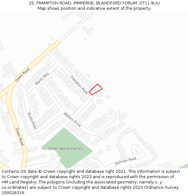 25, FRAMPTON ROAD, PIMPERNE, BLANDFORD FORUM, DT11 8UU: Location map and indicative extent of plot