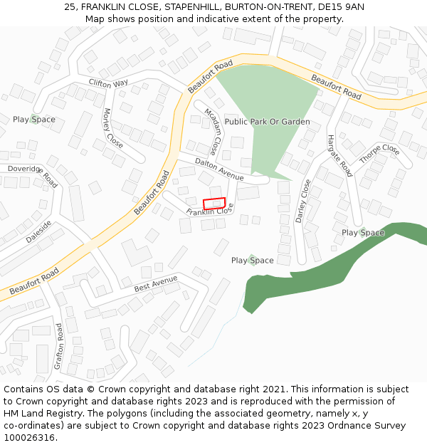 25, FRANKLIN CLOSE, STAPENHILL, BURTON-ON-TRENT, DE15 9AN: Location map and indicative extent of plot