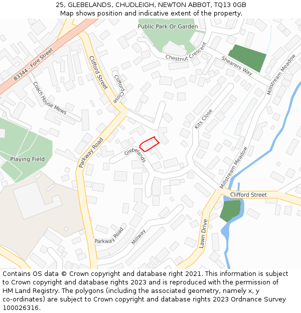 25, GLEBELANDS, CHUDLEIGH, NEWTON ABBOT, TQ13 0GB: Location map and indicative extent of plot
