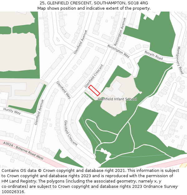 25, GLENFIELD CRESCENT, SOUTHAMPTON, SO18 4RG: Location map and indicative extent of plot