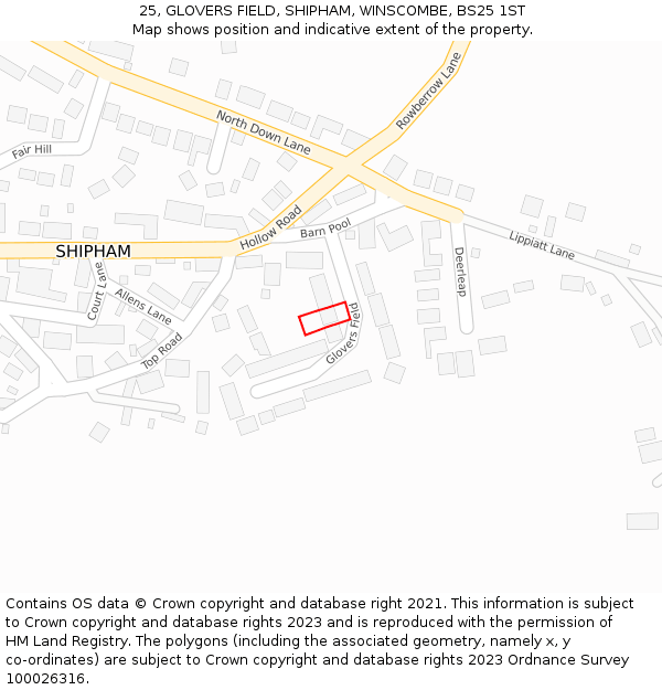 25, GLOVERS FIELD, SHIPHAM, WINSCOMBE, BS25 1ST: Location map and indicative extent of plot