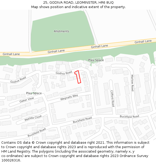 25, GODIVA ROAD, LEOMINSTER, HR6 8UQ: Location map and indicative extent of plot