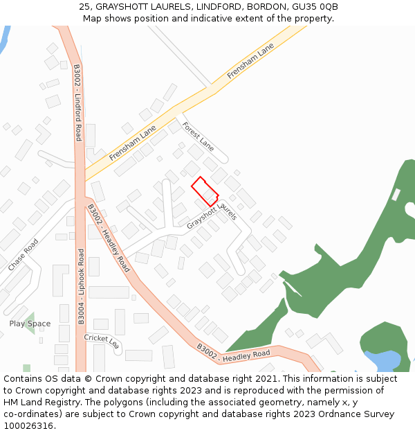 25, GRAYSHOTT LAURELS, LINDFORD, BORDON, GU35 0QB: Location map and indicative extent of plot