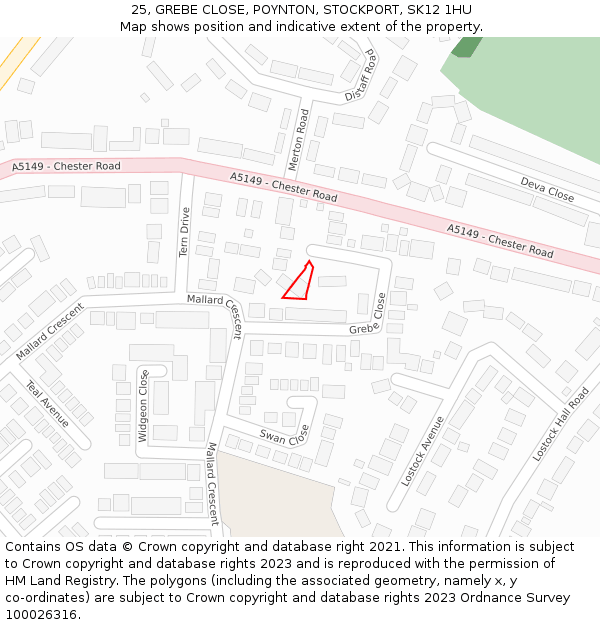 25, GREBE CLOSE, POYNTON, STOCKPORT, SK12 1HU: Location map and indicative extent of plot