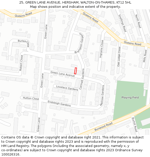 25, GREEN LANE AVENUE, HERSHAM, WALTON-ON-THAMES, KT12 5HL: Location map and indicative extent of plot