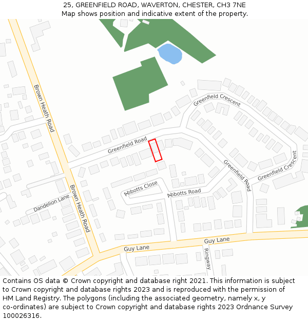 25, GREENFIELD ROAD, WAVERTON, CHESTER, CH3 7NE: Location map and indicative extent of plot