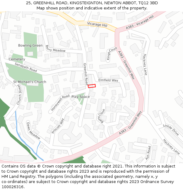 25, GREENHILL ROAD, KINGSTEIGNTON, NEWTON ABBOT, TQ12 3BD: Location map and indicative extent of plot