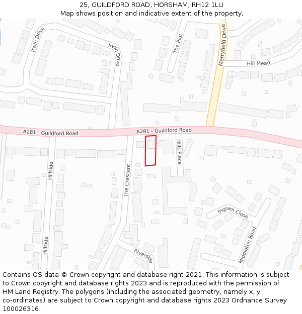 25, GUILDFORD ROAD, HORSHAM, RH12 1LU: Location map and indicative extent of plot
