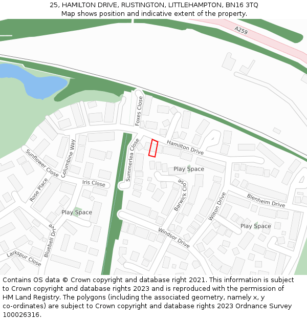 25, HAMILTON DRIVE, RUSTINGTON, LITTLEHAMPTON, BN16 3TQ: Location map and indicative extent of plot