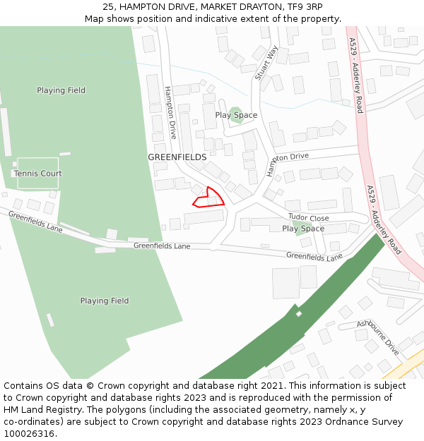 25, HAMPTON DRIVE, MARKET DRAYTON, TF9 3RP: Location map and indicative extent of plot