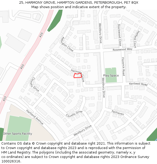 25, HARMONY GROVE, HAMPTON GARDENS, PETERBOROUGH, PE7 8QX: Location map and indicative extent of plot