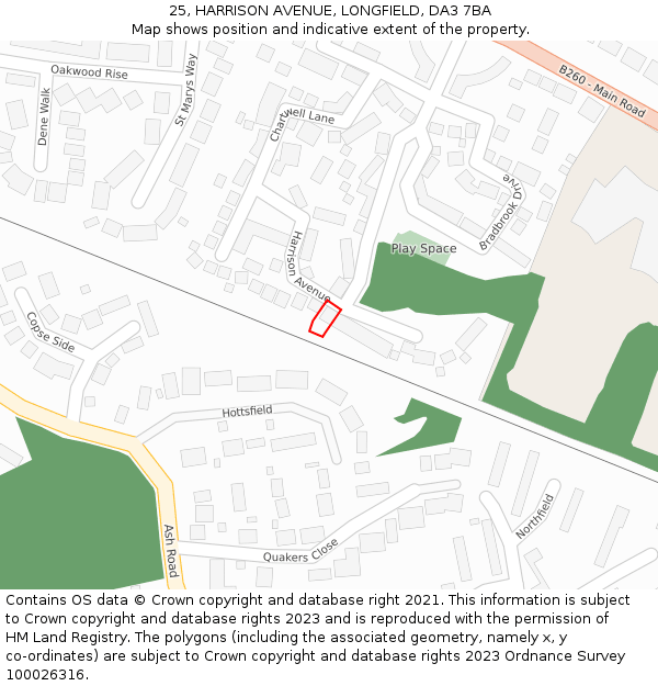 25, HARRISON AVENUE, LONGFIELD, DA3 7BA: Location map and indicative extent of plot