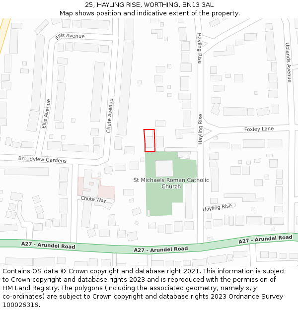 25, HAYLING RISE, WORTHING, BN13 3AL: Location map and indicative extent of plot