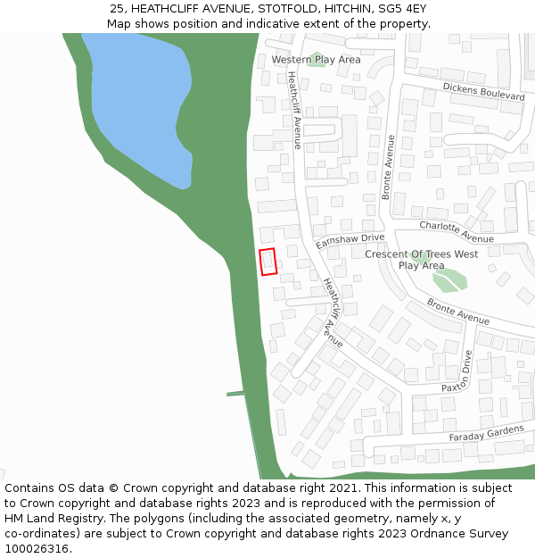 25, HEATHCLIFF AVENUE, STOTFOLD, HITCHIN, SG5 4EY: Location map and indicative extent of plot
