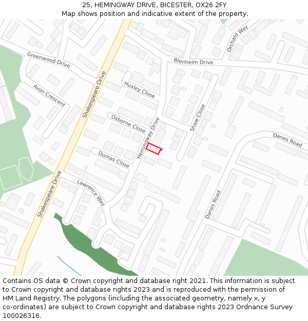 25, HEMINGWAY DRIVE, BICESTER, OX26 2FY: Location map and indicative extent of plot