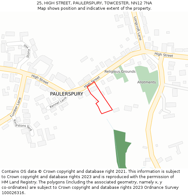 25, HIGH STREET, PAULERSPURY, TOWCESTER, NN12 7NA: Location map and indicative extent of plot