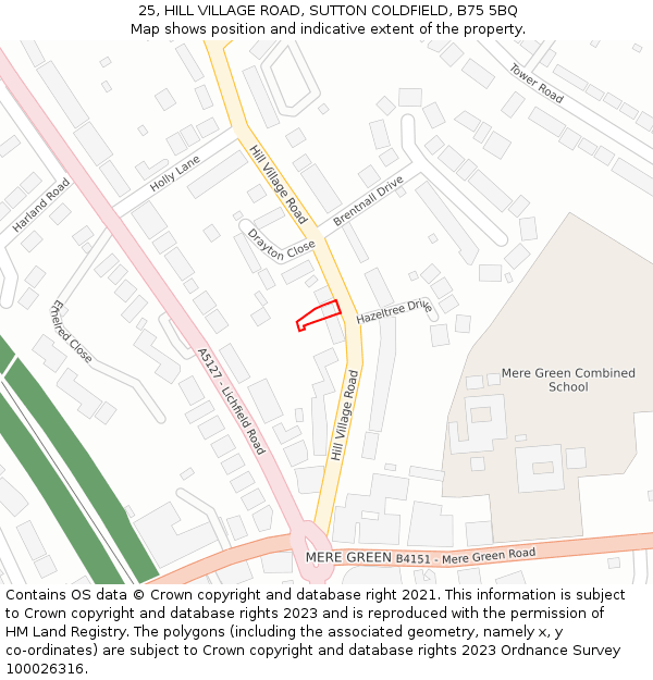 25, HILL VILLAGE ROAD, SUTTON COLDFIELD, B75 5BQ: Location map and indicative extent of plot