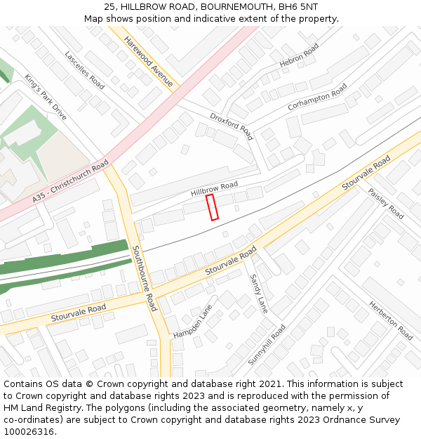 25, HILLBROW ROAD, BOURNEMOUTH, BH6 5NT: Location map and indicative extent of plot