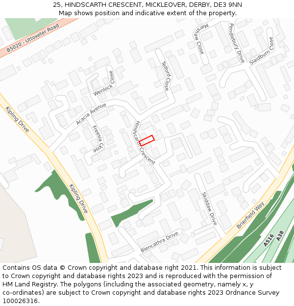 25, HINDSCARTH CRESCENT, MICKLEOVER, DERBY, DE3 9NN: Location map and indicative extent of plot