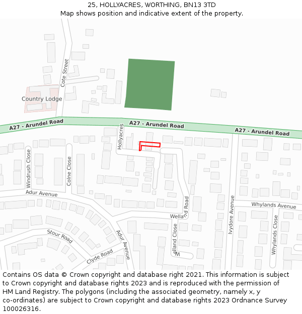 25, HOLLYACRES, WORTHING, BN13 3TD: Location map and indicative extent of plot