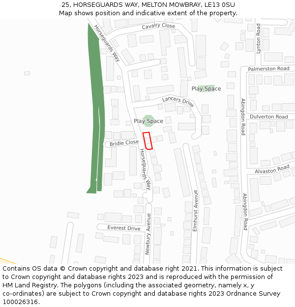 25, HORSEGUARDS WAY, MELTON MOWBRAY, LE13 0SU: Location map and indicative extent of plot