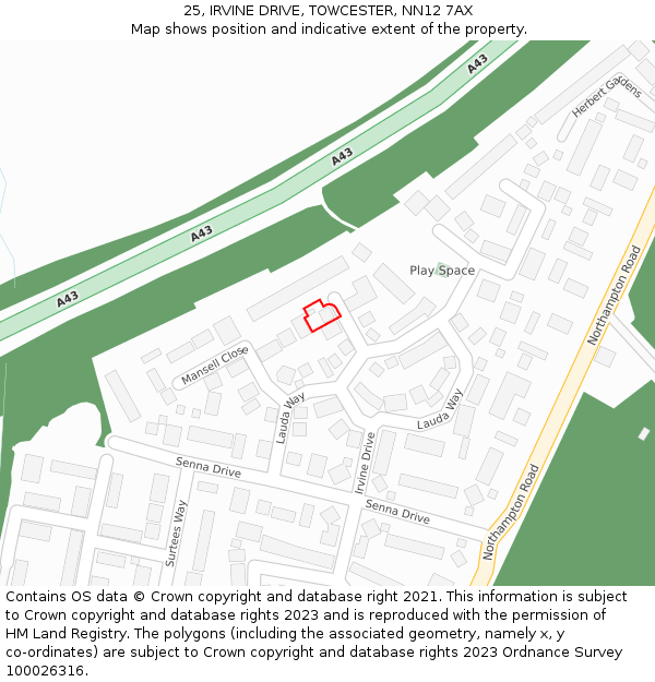 25, IRVINE DRIVE, TOWCESTER, NN12 7AX: Location map and indicative extent of plot