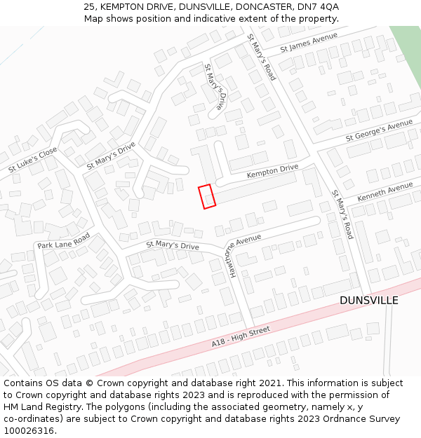 25, KEMPTON DRIVE, DUNSVILLE, DONCASTER, DN7 4QA: Location map and indicative extent of plot