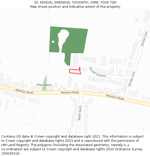 25, KENDAL GARDENS, TOCKWITH, YORK, YO26 7QR: Location map and indicative extent of plot