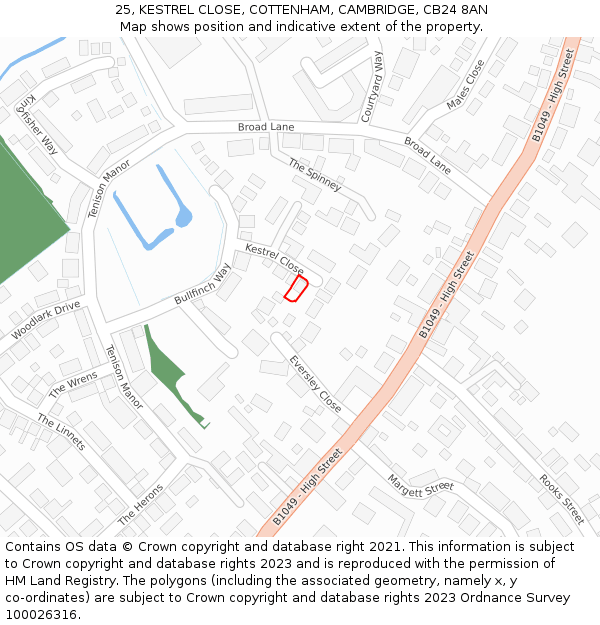 25, KESTREL CLOSE, COTTENHAM, CAMBRIDGE, CB24 8AN: Location map and indicative extent of plot