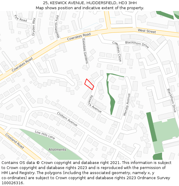 25, KESWICK AVENUE, HUDDERSFIELD, HD3 3HH: Location map and indicative extent of plot