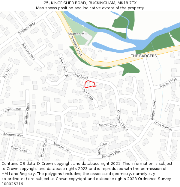 25, KINGFISHER ROAD, BUCKINGHAM, MK18 7EX: Location map and indicative extent of plot