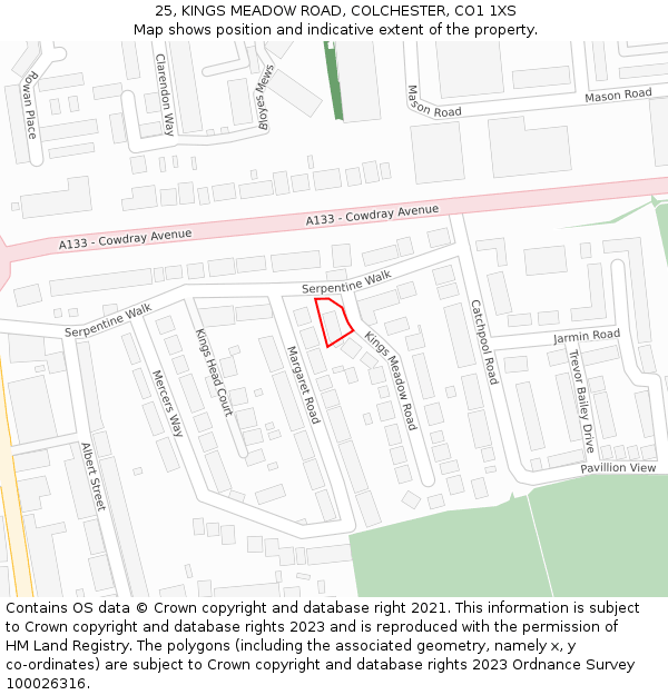 25, KINGS MEADOW ROAD, COLCHESTER, CO1 1XS: Location map and indicative extent of plot