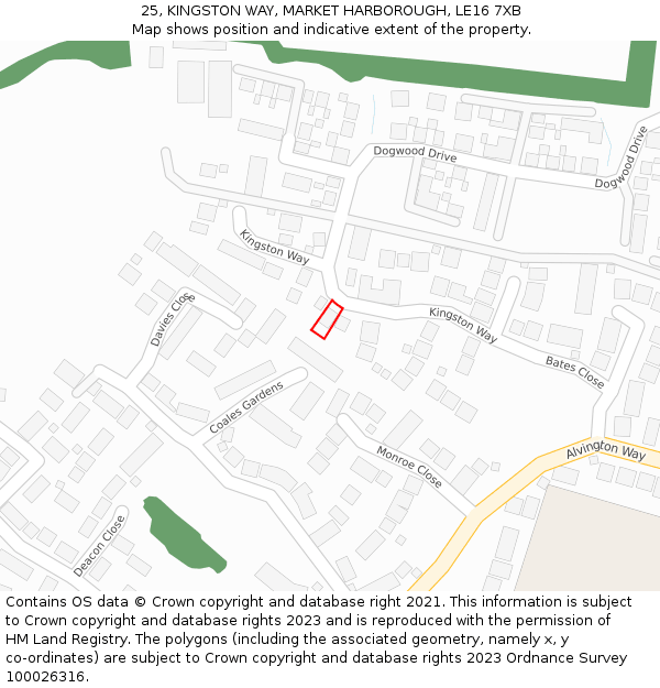 25, KINGSTON WAY, MARKET HARBOROUGH, LE16 7XB: Location map and indicative extent of plot