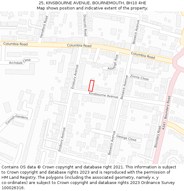 25, KINSBOURNE AVENUE, BOURNEMOUTH, BH10 4HE: Location map and indicative extent of plot
