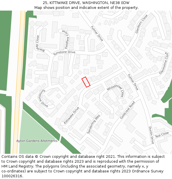 25, KITTIWAKE DRIVE, WASHINGTON, NE38 0DW: Location map and indicative extent of plot