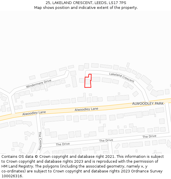 25, LAKELAND CRESCENT, LEEDS, LS17 7PS: Location map and indicative extent of plot