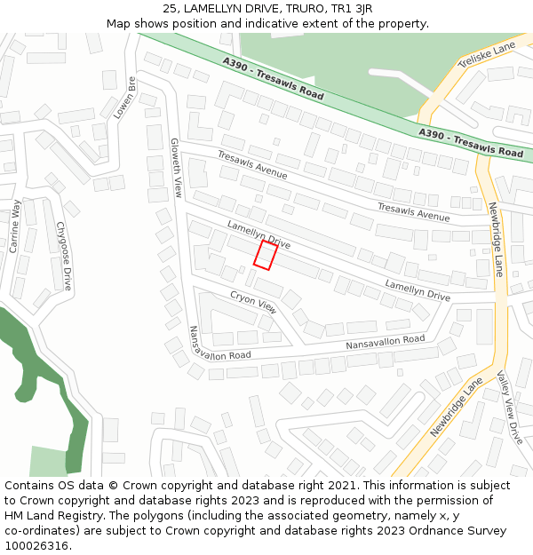 25, LAMELLYN DRIVE, TRURO, TR1 3JR: Location map and indicative extent of plot