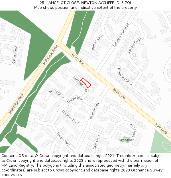 25, LANCELOT CLOSE, NEWTON AYCLIFFE, DL5 7QL: Location map and indicative extent of plot