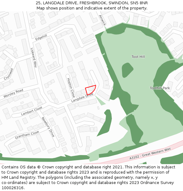 25, LANGDALE DRIVE, FRESHBROOK, SWINDON, SN5 8NR: Location map and indicative extent of plot