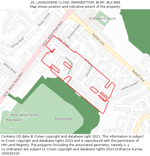 25, LANSDOWNE CLOSE, RAMSBOTTOM, BURY, BL0 9WE: Location map and indicative extent of plot