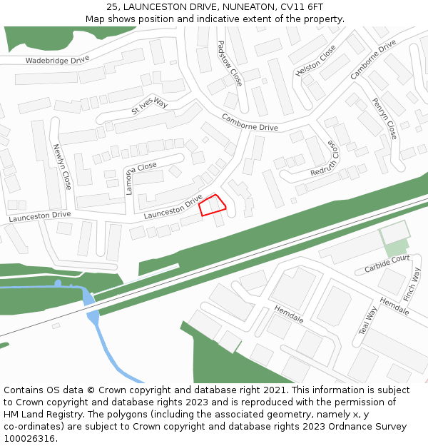 25, LAUNCESTON DRIVE, NUNEATON, CV11 6FT: Location map and indicative extent of plot