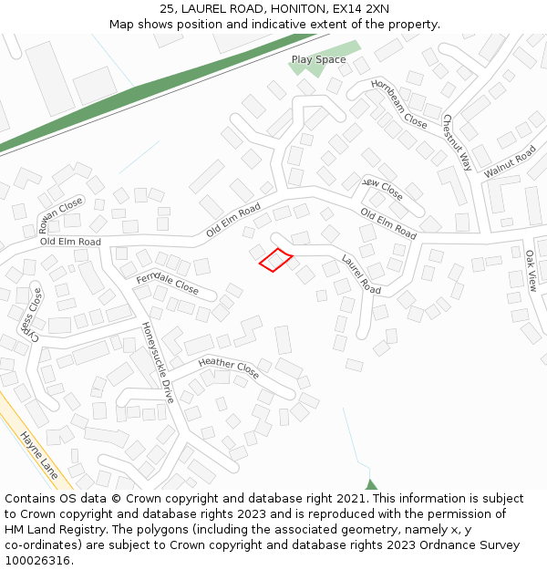25, LAUREL ROAD, HONITON, EX14 2XN: Location map and indicative extent of plot