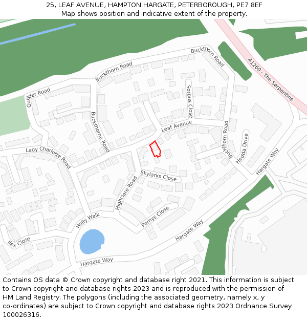 25, LEAF AVENUE, HAMPTON HARGATE, PETERBOROUGH, PE7 8EF: Location map and indicative extent of plot