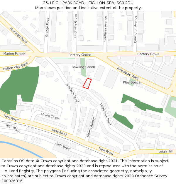 25, LEIGH PARK ROAD, LEIGH-ON-SEA, SS9 2DU: Location map and indicative extent of plot