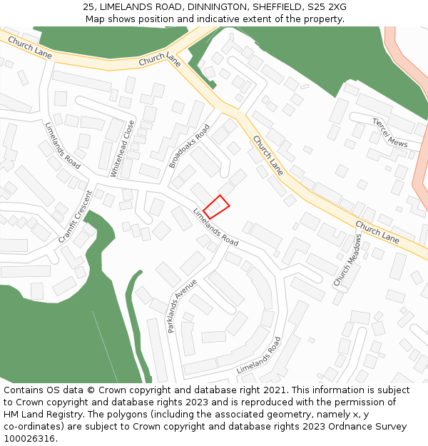 25, LIMELANDS ROAD, DINNINGTON, SHEFFIELD, S25 2XG: Location map and indicative extent of plot
